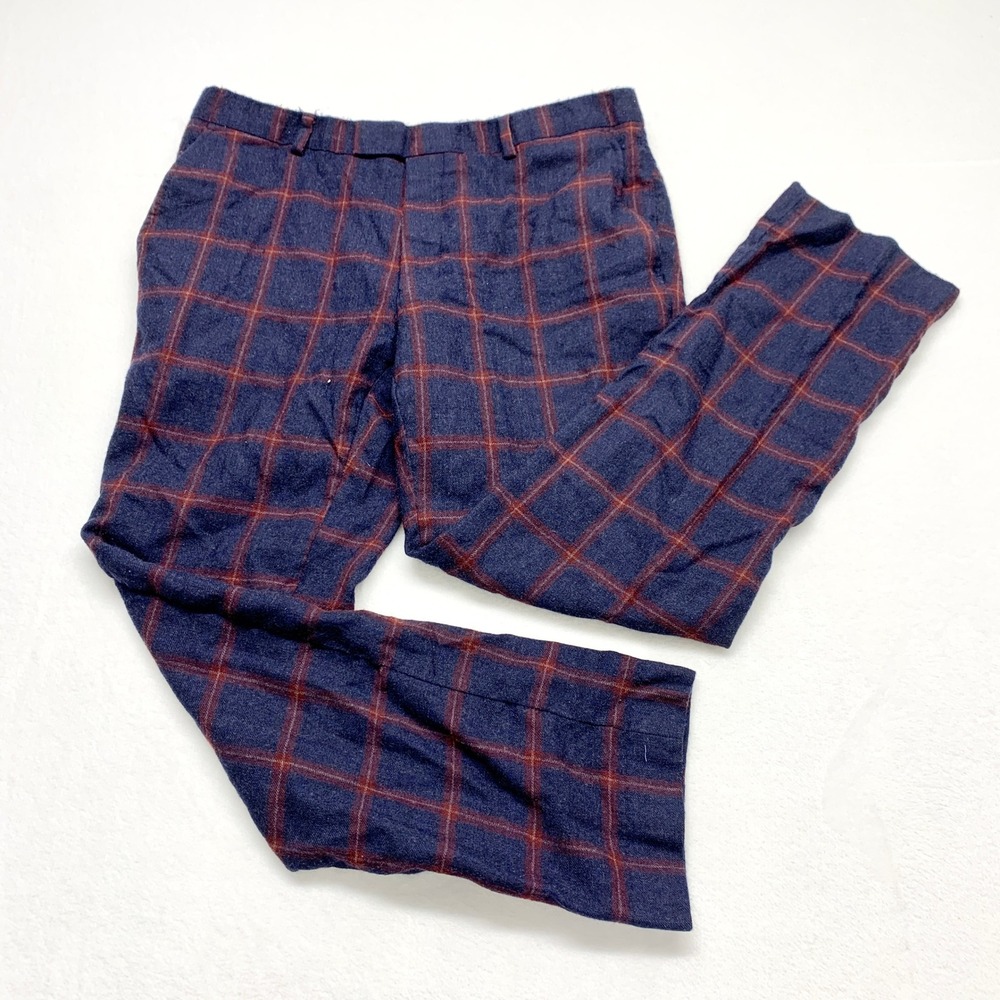 TM Lewin Slim Fit Dress Pants Mens 34R Blue Red Windowpane Plaid 100% Wool Sz 34